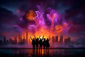 Team celebrating a successful campaign while fireworks burst with emoji metrics