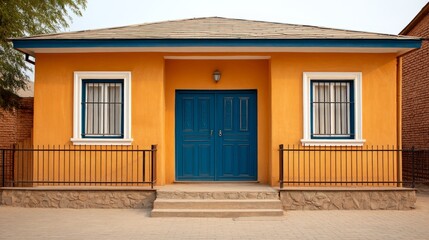 Vibrant Orange House with Reinforced Blue Doors and White Windows in a Rural Setting