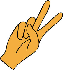 Cartoon-style hand is forming V-sign in flat design with bold outlines on transparent background