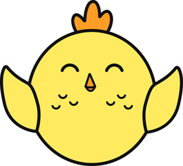 Flat design round chick is standing with orange beak, feather tuft on transparent background