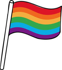 Rainbow pride flag is waving on straight black pole in flat design, transparent background