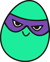 Cartoon green oval character is wearing purple eye mask in flat design on transparent background