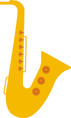 Yellow saxophone is floating in flat vector design with six orange keys, transparent background