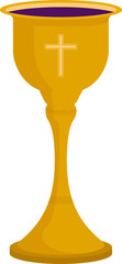 3D golden chalice holding purple liquid and featuring carved cross emblem on transparent background