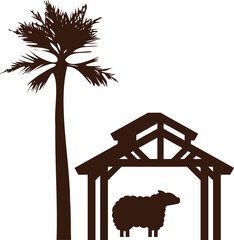 Sheep is standing beneath wooden shelter beside palm tree in flat silhouette, transparent backdrop