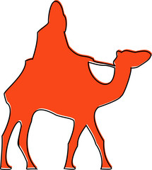 Displaying stylized orange camel silhouette with black outline on transparent backdrop, copy space