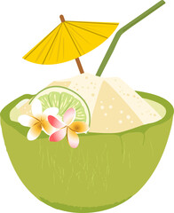 Tropical coconut drink illustration is floating on transparent background showing shaved ice, lime