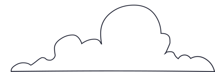 Fluffy cumulus cloud is floating in cartoon-style, with black outline on transparent background