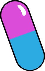 Flat capsule tilting on transparent background showing magenta, cyan halves glossed outlined black