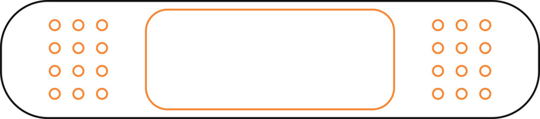Line art showing bandage with orange outline, perforated ends, central pad, transparent backdrop