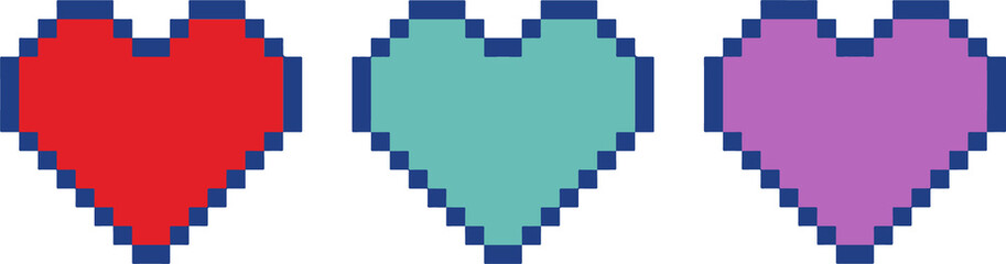 Fototapeta premium Showing three pixel art hearts in red teal lavender with dark blue border on transparent background