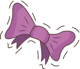 Cartoon-style purple bow is featuring loops, tails and white outline on transparent background
