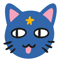 Flat cat head is showing white outline whiskers pink tongue and yellow star on transparent bg