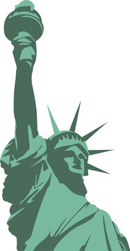 Statue of Liberty head crown robe and torch are floating in green duotone transparent background