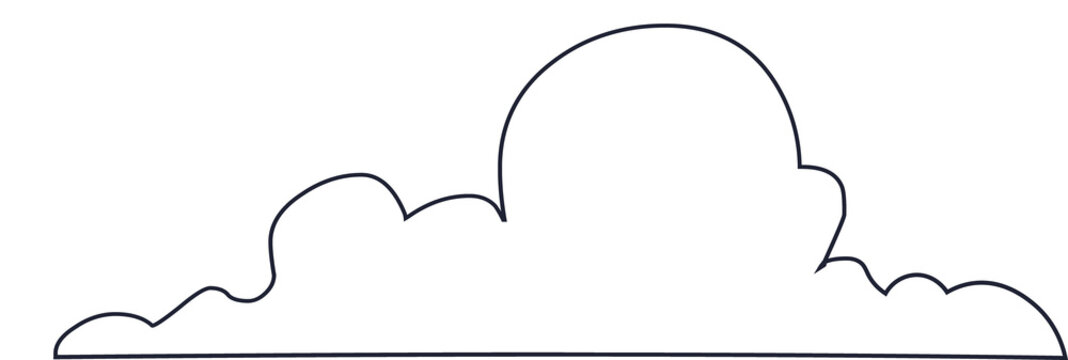 Fluffy cumulus cloud is floating in cartoon-style, with black outline on transparent background