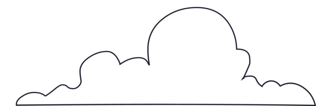 Fluffy cumulus cloud is floating in cartoon-style, with black outline on transparent background