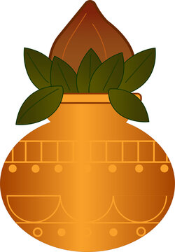 Kalash is appearing in flat art with pot patterns, green leaves and coconut, transparent background