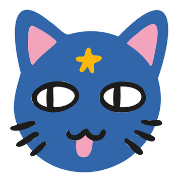 Fototapeta Flat cat head is showing white outline whiskers pink tongue and yellow star on transparent bg