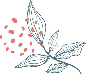 Fototapeta premium Stylized branch is arching, showing leaves and floating coral ovals on transparent background