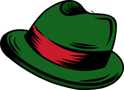 Green fedora hat with red ribbon band is floating in angled cartoon art, transparent background
