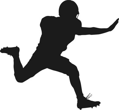 Fototapeta football silhouette is sprinting, stiff arming with helmet, pads in flat design, clear background