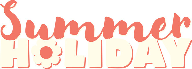 Flat Summer Holiday text is featuring coral cursive, cream letters floral O on transparent backdrop