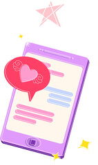 Flat design purple phone is showing chat bubbles with winged heart icon on transparent background