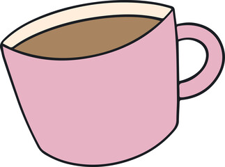 Pink mug is showing bold outline in flat design, filled with brown coffee, transparent background