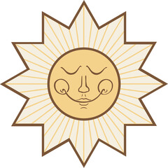 Personified sun is glowing in flat style with face, rays on transparent background, copy space