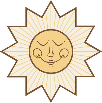 Naklejki Personified sun is glowing in flat style with face, rays on transparent background, copy space