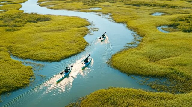 Kayakers paddling through a serene green marsh