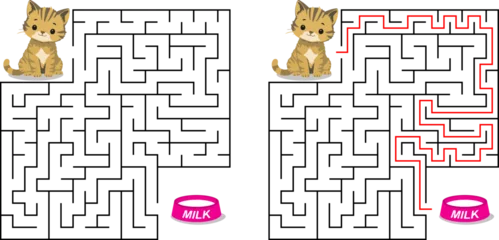Help cat pass through maze to find a bowl with milk. Feed the hungry kitten labyrinth. Not hard logic game for kids and parents with solution isolated on white background. © vellot