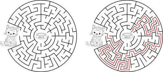 Help cat pass through maze to find a bowl with milk. Feed the hungry kitten labyrinth. Not hard logic game for kids and parents with solution isolated on white background.