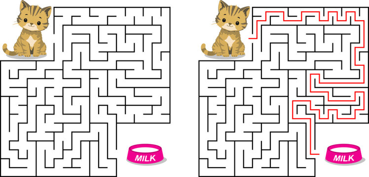 Help cat pass through maze to find a bowl with milk. Feed the hungry kitten labyrinth. Not hard logic game for kids and parents with solution isolated on white background.