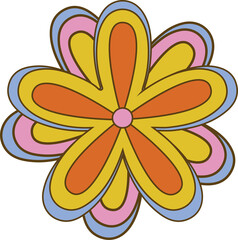 Flat design flower is radiating layered orange yellow pink blue petals on transparent background