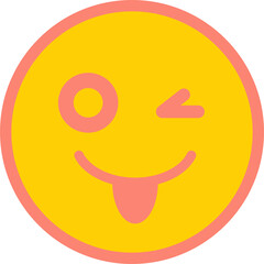 Stylized winking tongue-out smiley face emoticon is floating on transparent layer, flat design