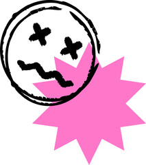 Flat design is showing distressed sketch circle face over pink starburst, transparent background