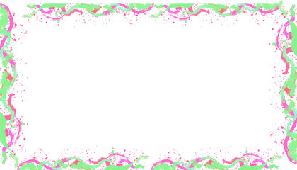 Flat design splatter frame is floating on transparent canvas with neon green pink dripping border