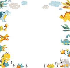 vector dinosaur border is floating on transparent background, featuring plants, clouds, flowers