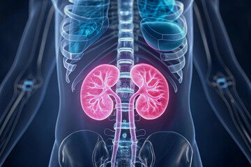 Anatomical illustration of human kidneys and urinary system depicting internal organs in detail