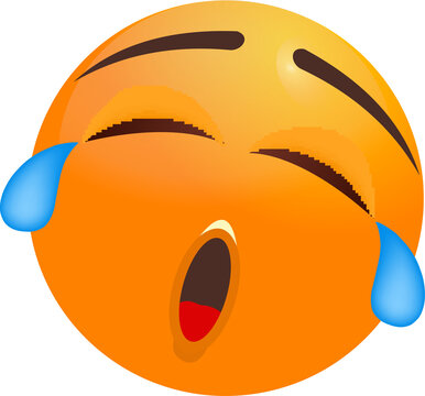 Emoji is streaming blue tears with eyelids, brows, red tongue, flat icon, transparent background