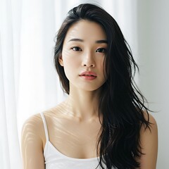 A portrait of a serene woman with long dark hair, isolated on white background
