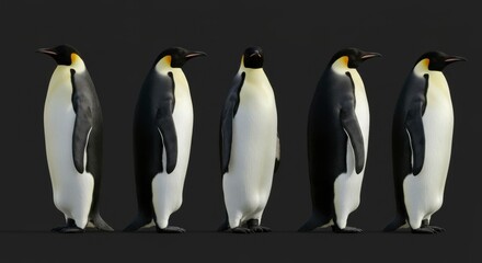 Obraz premium Five emperor penguins standing in a row against a dark background, showcasing their sleek black and white plumage