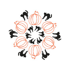 Halloween decorative mandala with black cats and pumpkins