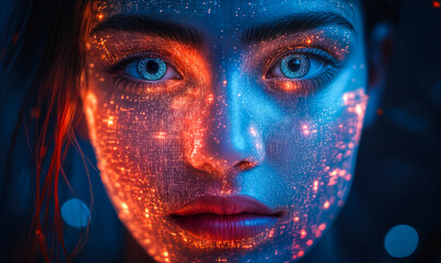 Close-up portrait of woman face illuminated by glowing digital orange and blue futuristic AI technology light particles and data grid pattern