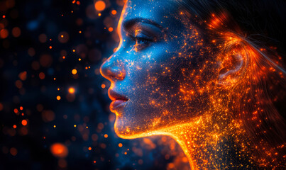 Profile of woman face glowing with orange digital particles and blue light dots abstract futuristic technology background concept