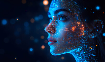 Digital artificial intelligence woman profile with glowing data points and futuristic technology overlay in deep blue color scheme
