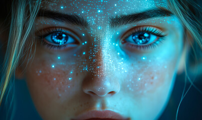 Close-up of young woman's face with glowing blue digital dots and futuristic light effects symbolizing artificial intelligence and emotional intelligence technology in human expression