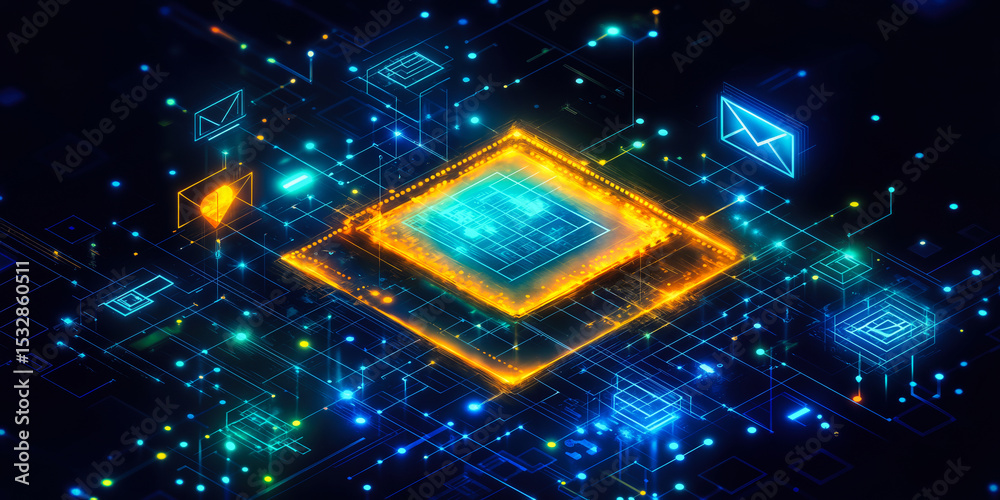 Poster glowing digital network with futuristic microchip and email icons representing secure data transfer 