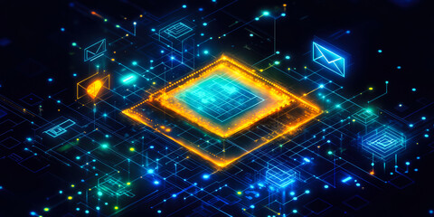 Glowing digital network with futuristic microchip and email icons representing secure data transfer and technology communication system in blue and orange colors
